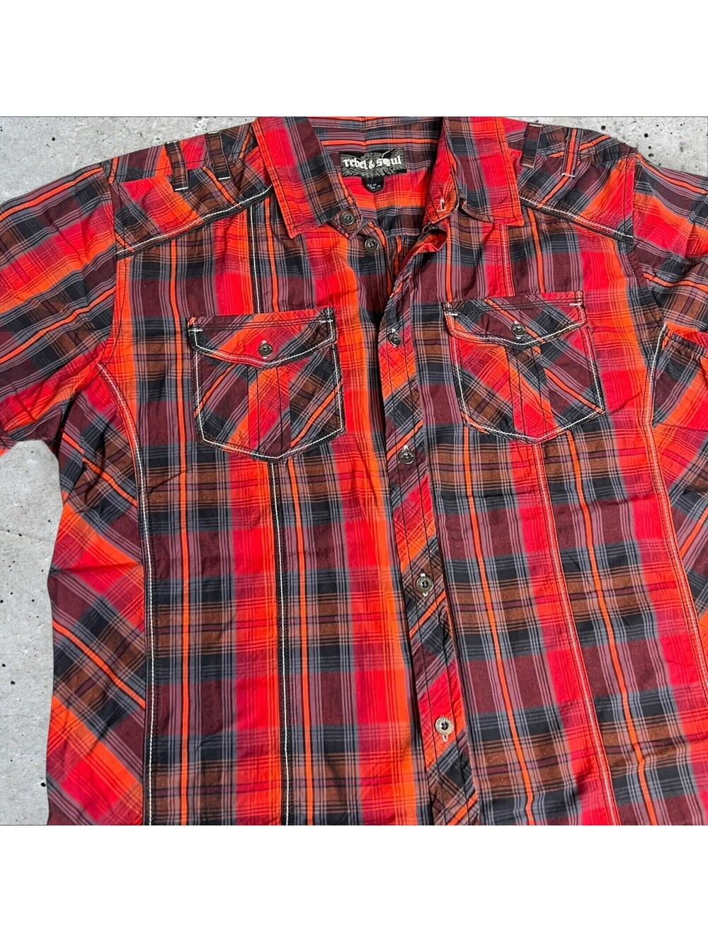 Rebel & Soul Y2K Emo Grunge Plaid Short Sleeve Button Up Shirt Size L